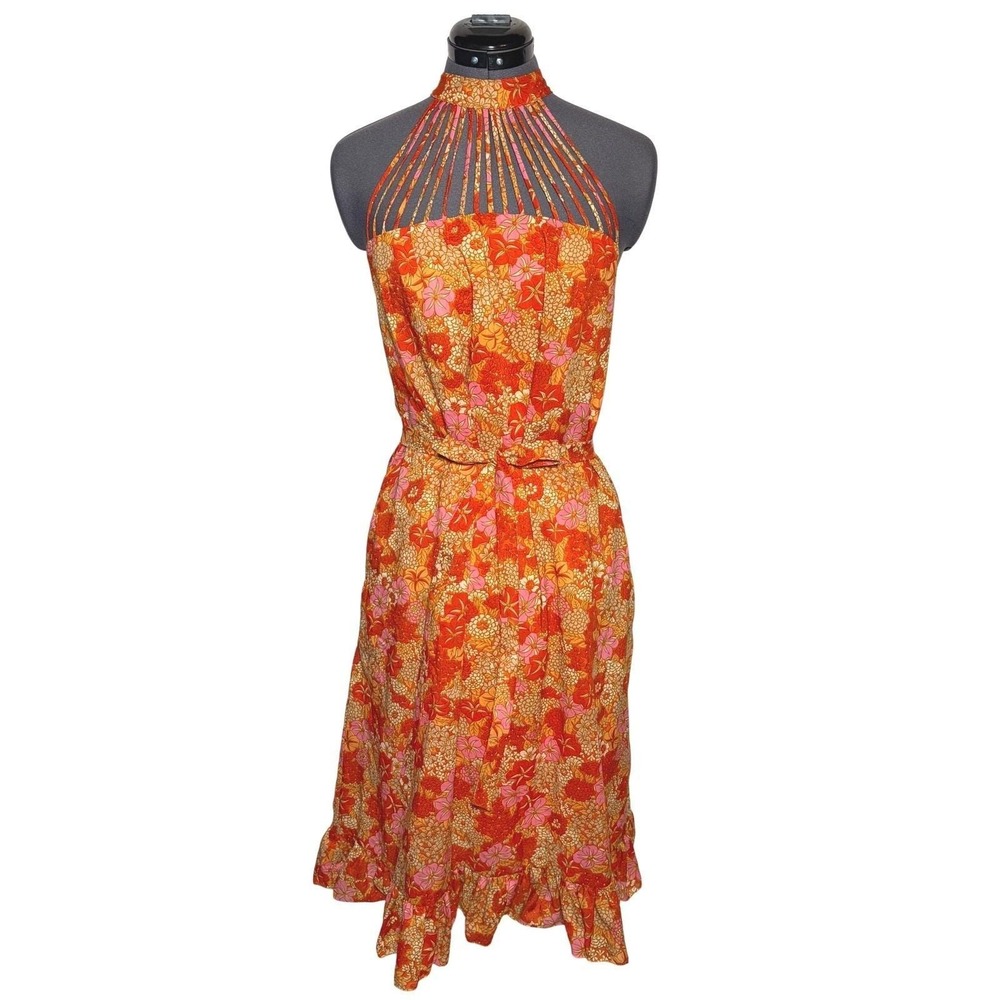 Vtg 60s 70s Floral psychedelic mod Cage Halter‎ Dress Boho 35-36-48 S/M - Picture 13 of 14